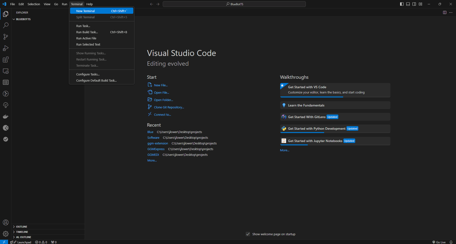 New terminal window in Visual Studio Code.